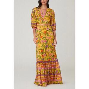 Shoshanna NEW Midnight Beatriz Floral Maxi Dress Yellow Golden 3/4 Sleeve Size 6